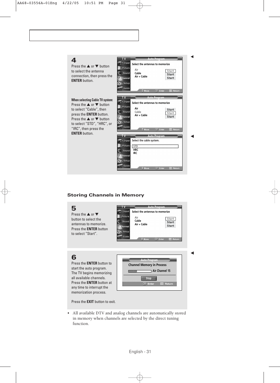 Storing channels in memory | Samsung TXR3079WHKXXAC User Manual | Page 31 / 80