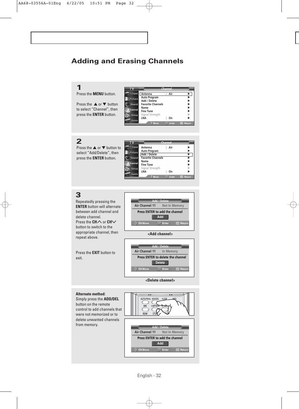 Adding and erasing channels | Samsung TXR3079WHKXXAC User Manual | Page 32 / 80