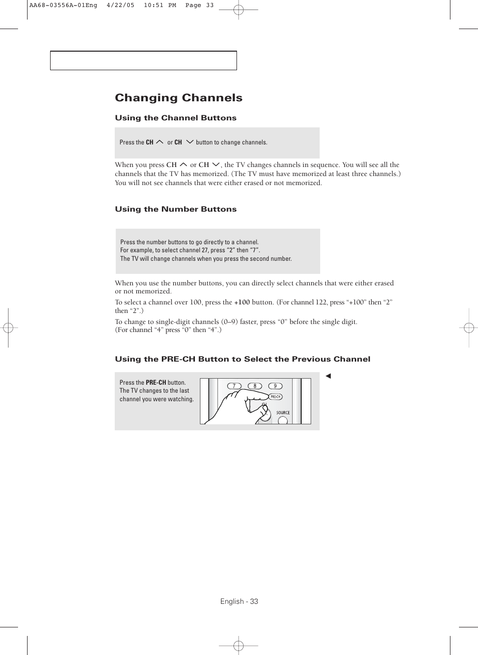 Changing channels, Using the channel buttons, Using the number buttons | Samsung TXR3079WHKXXAC User Manual | Page 33 / 80