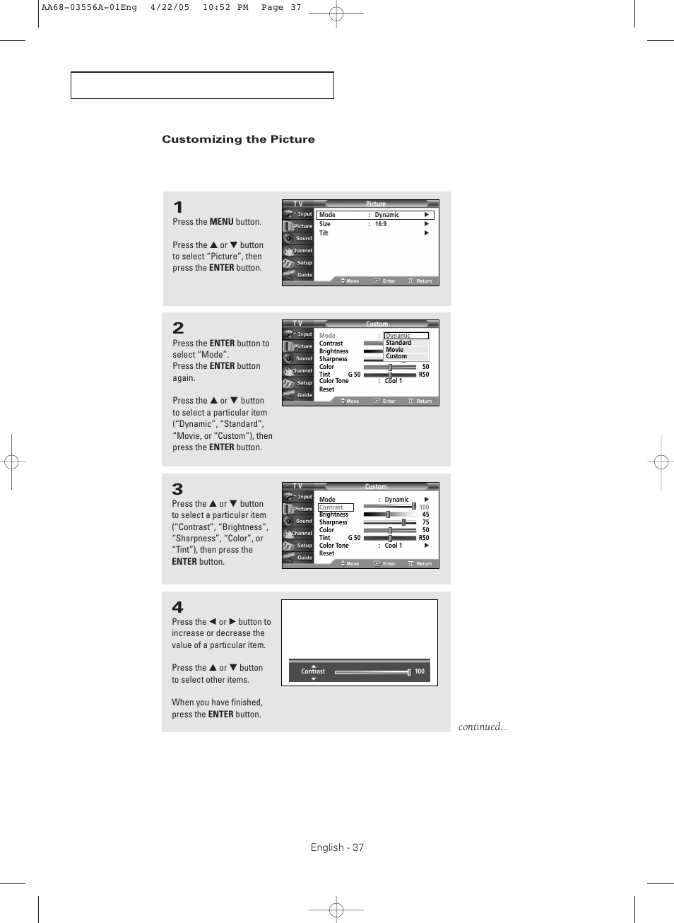 Customizing the picture, Continued | Samsung TXR3079WHKXXAC User Manual | Page 37 / 80