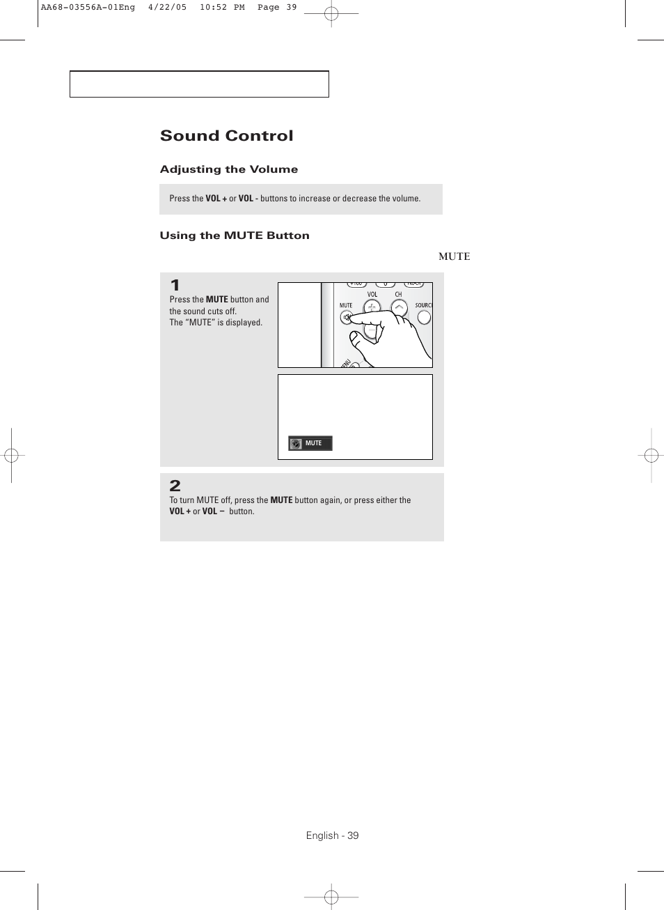 Sound control, Adjusting the volume, Using the mute button | Samsung TXR3079WHKXXAC User Manual | Page 39 / 80