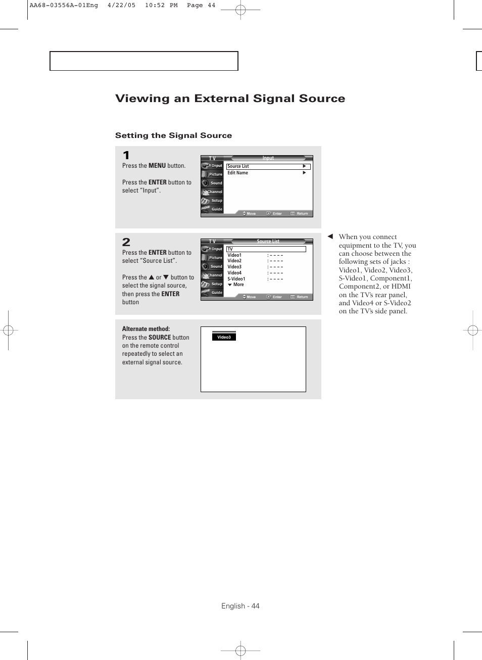 Viewing an external signal source, Setting the signal source | Samsung TXR3079WHKXXAC User Manual | Page 44 / 80