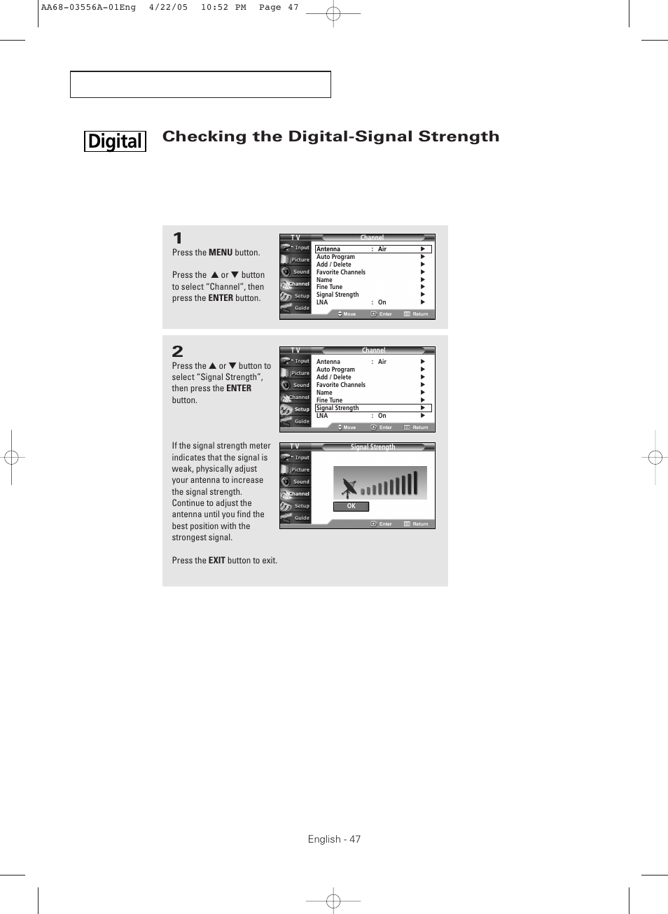 Checking the digital-signal strength, Digital | Samsung TXR3079WHKXXAC User Manual | Page 47 / 80