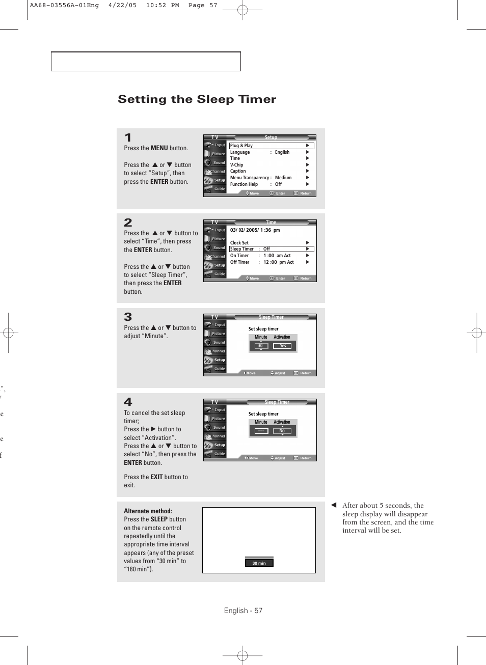 Setting the sleep timer | Samsung TXR3079WHKXXAC User Manual | Page 57 / 80