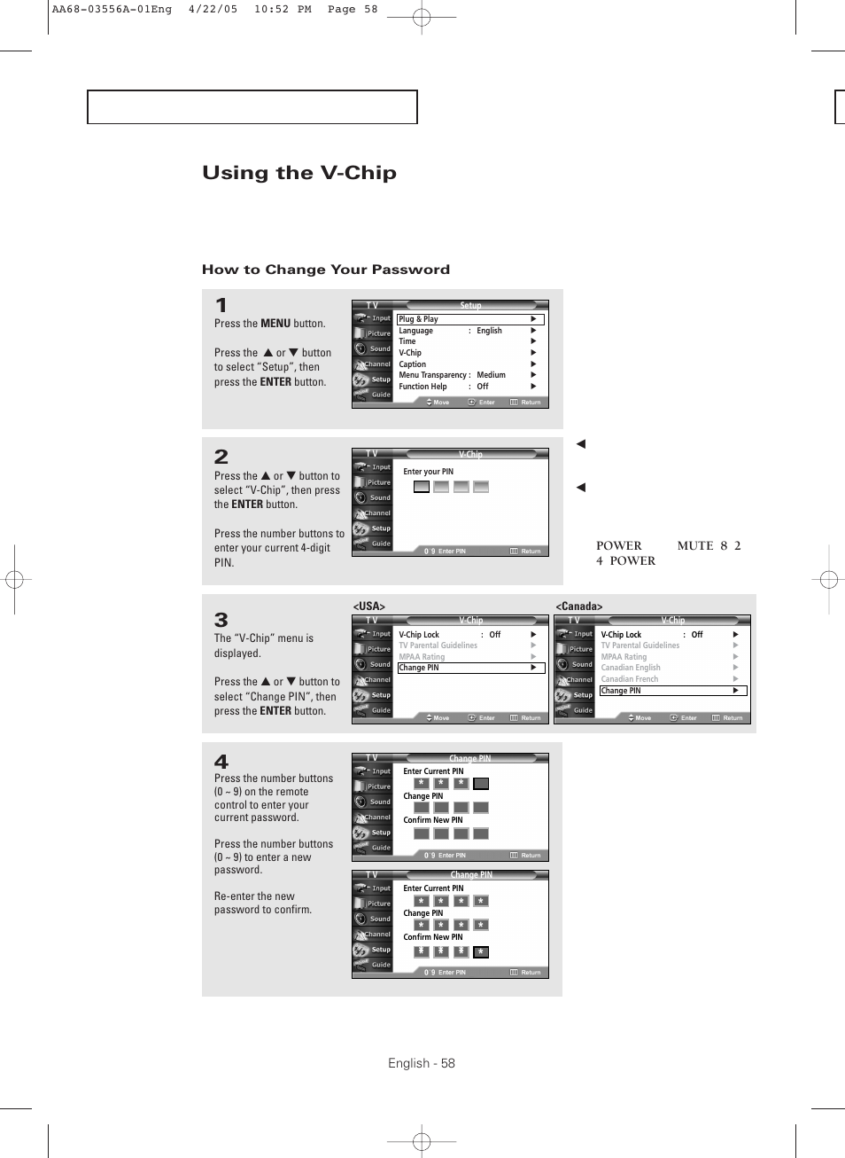 Using the v-chip, How to change your password | Samsung TXR3079WHKXXAC User Manual | Page 58 / 80