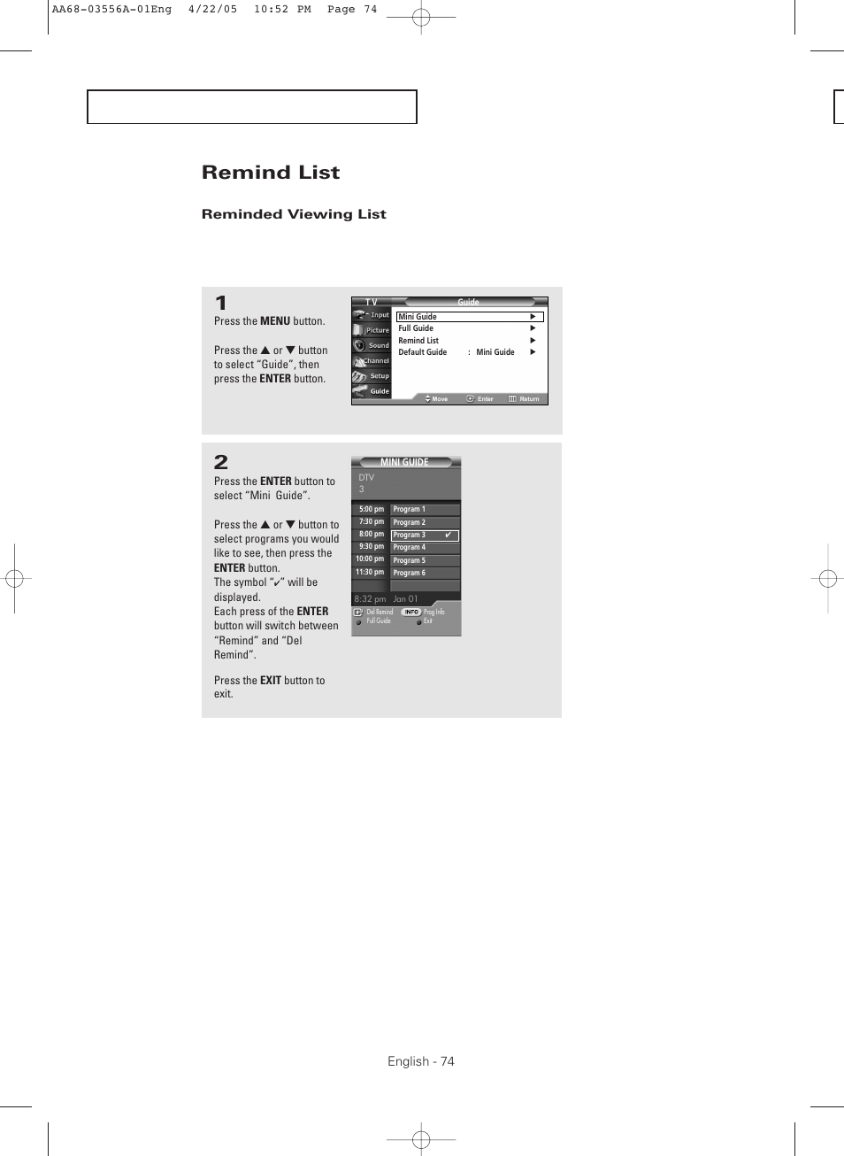 Remind list, Reminded viewing list | Samsung TXR3079WHKXXAC User Manual | Page 74 / 80