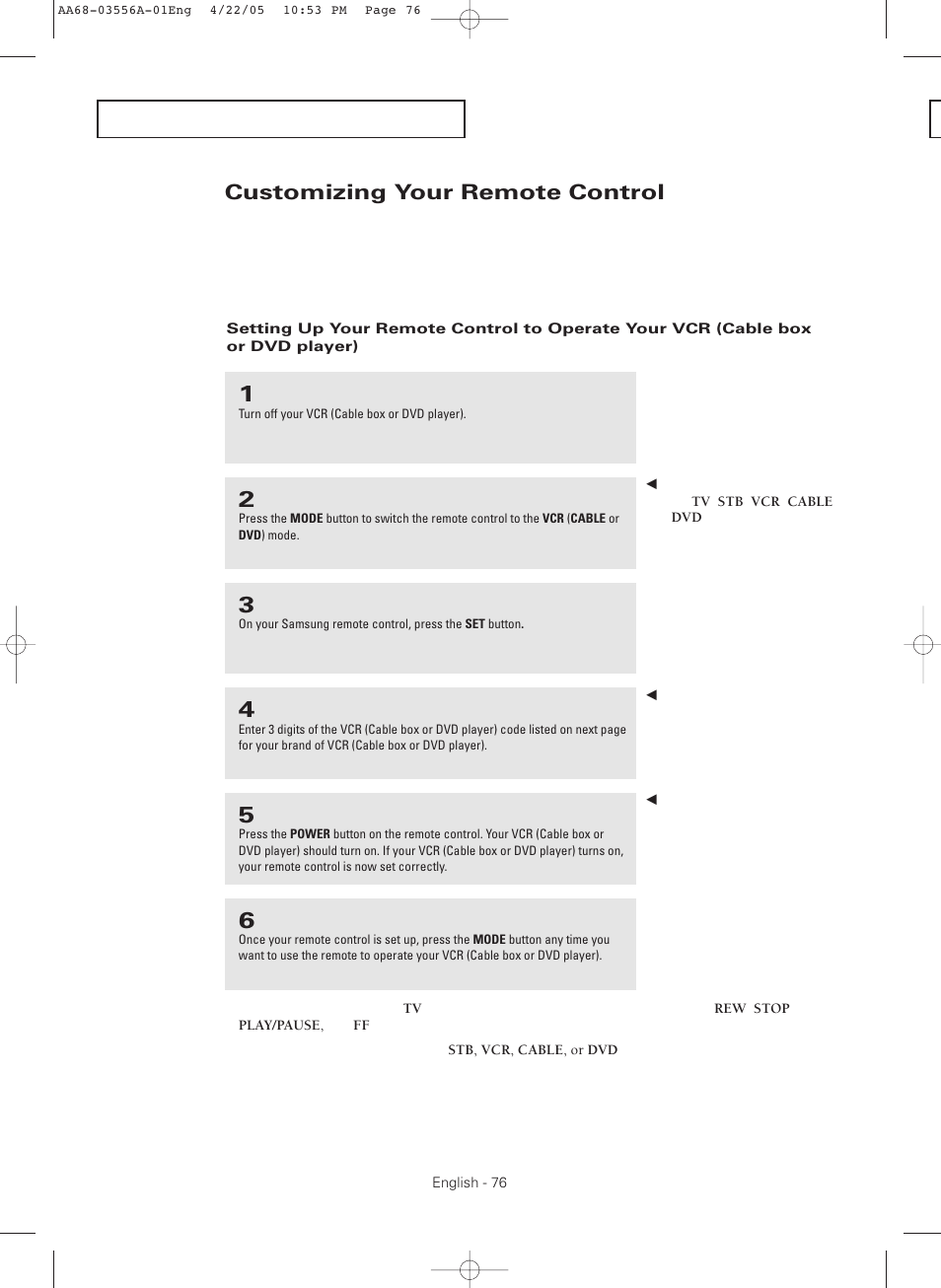 Customizing your remote control | Samsung TXR3079WHKXXAC User Manual | Page 76 / 80