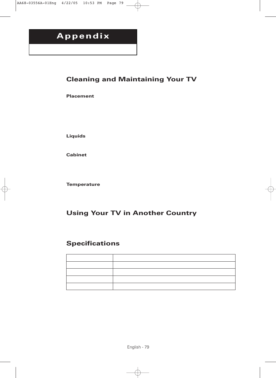 Appendix, Cleaning and maintaining your tv, Using your tv in another country | Specifications | Samsung TXR3079WHKXXAC User Manual | Page 79 / 80