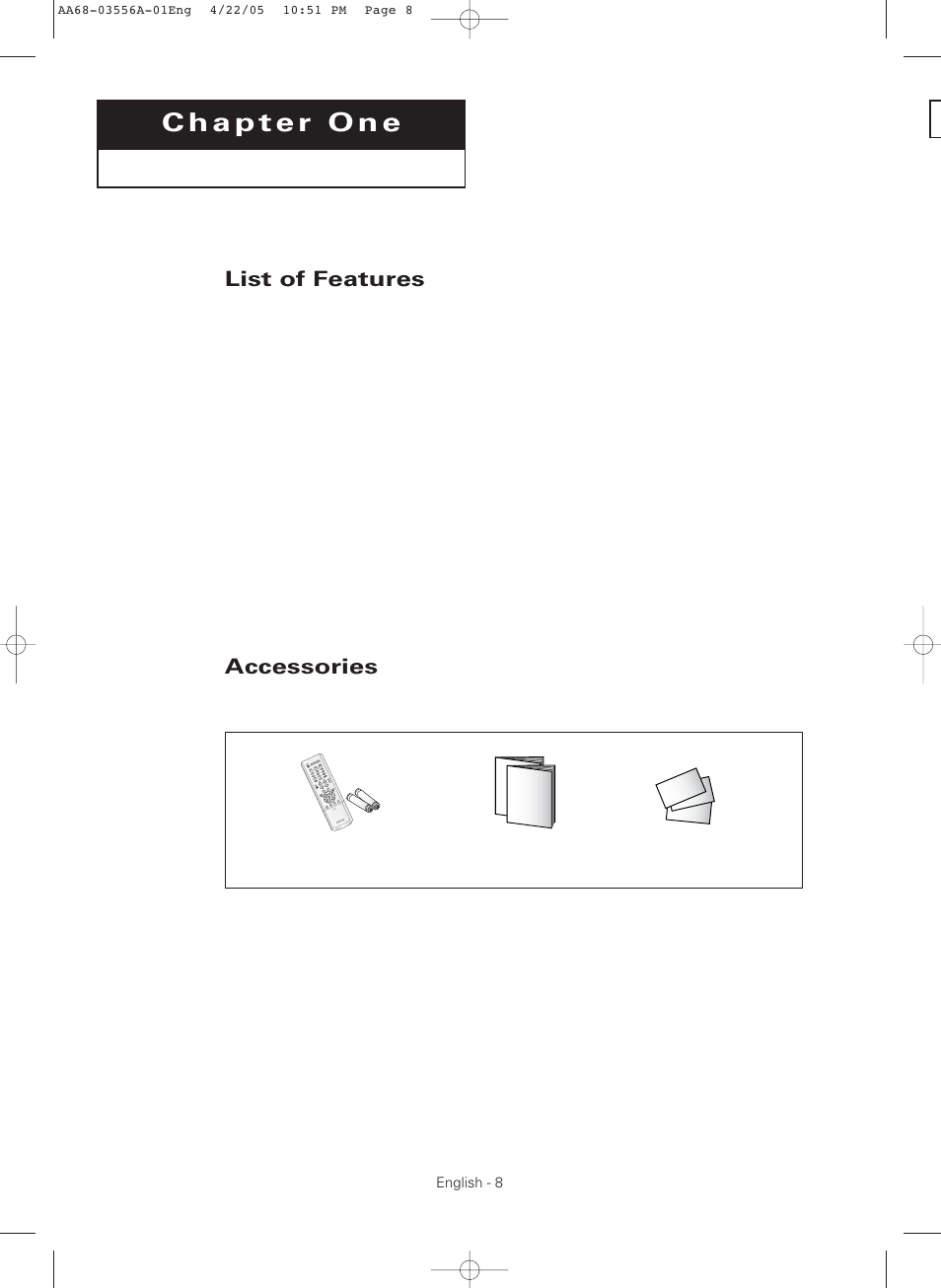 Chapter 1 : your new tv, List of features, Accessories | Samsung TXR3079WHKXXAC User Manual | Page 8 / 80
