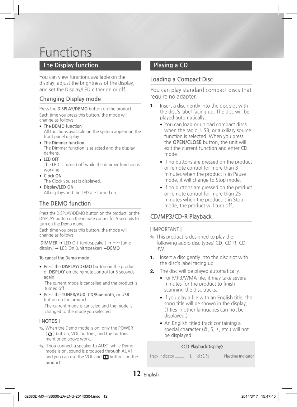 Functions, The display function, Playing a cd | Loading a compact disc, Cd/mp3/cd-r playback | Samsung MX-HS7000-ZA User Manual | Page 12 / 31