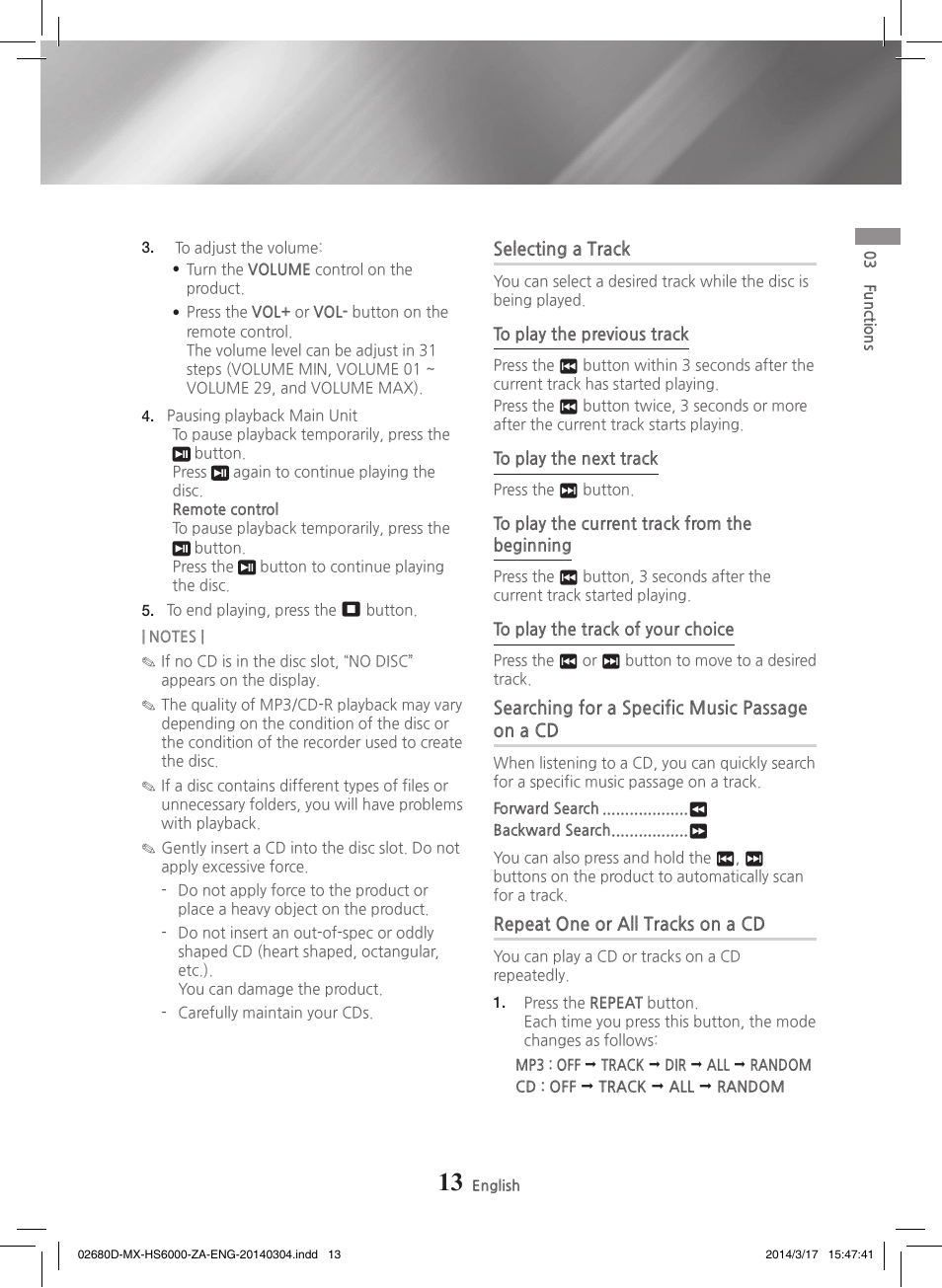 Selecting a track, Searching for a specific music passageon a cd, Repeat one or all tracks on a cd | Samsung MX-HS7000-ZA User Manual | Page 13 / 31