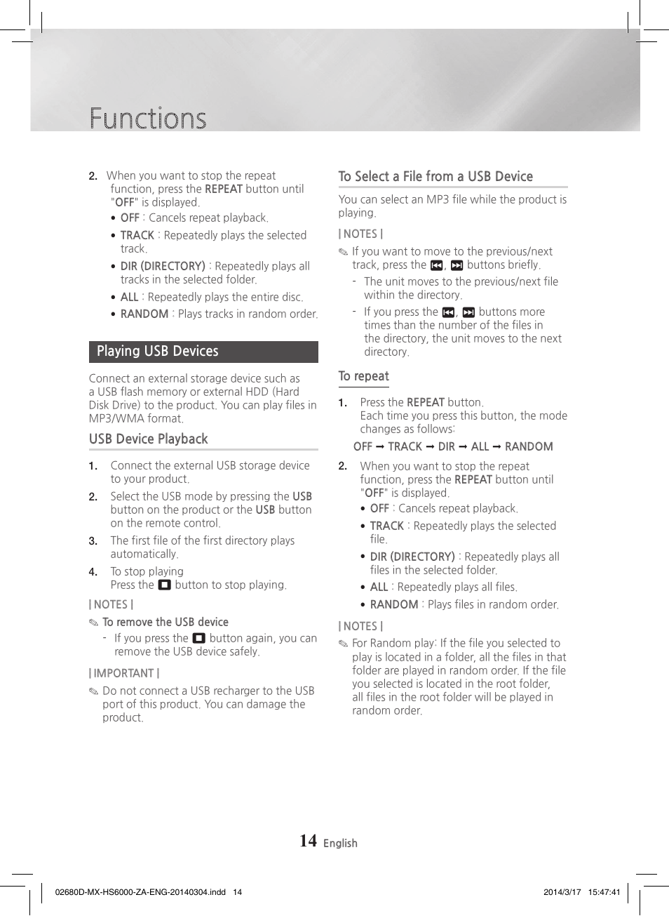 14 playing usb devices, Usb device playback, To select a file from a usb device | Functions | Samsung MX-HS7000-ZA User Manual | Page 14 / 31