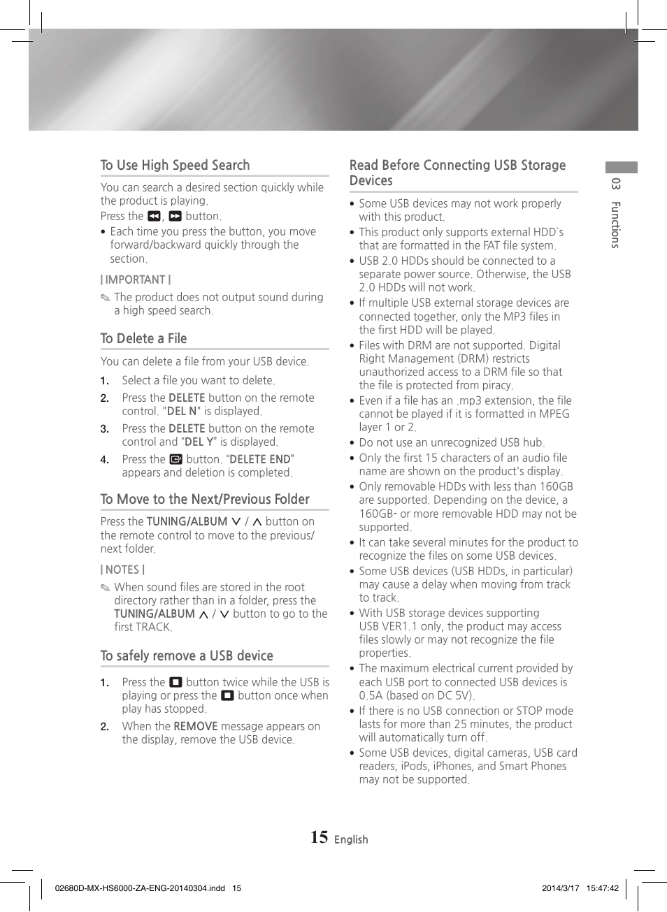 To use high speed search, To delete a file, To move to the next/previous folder | To safely remove a usb device, Read before connecting usb storagedevices | Samsung MX-HS7000-ZA User Manual | Page 15 / 31