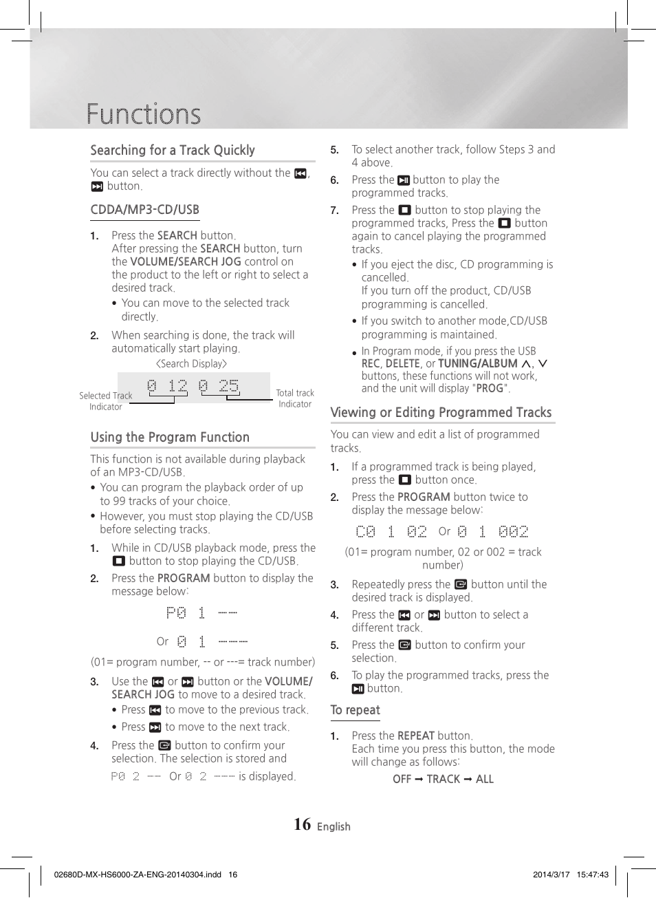 Searching for a track quickly, Using the program function, Viewing or editing programmed tracks | P0 1, C0 1 02, Functions, P0 2 | Samsung MX-HS7000-ZA User Manual | Page 16 / 31