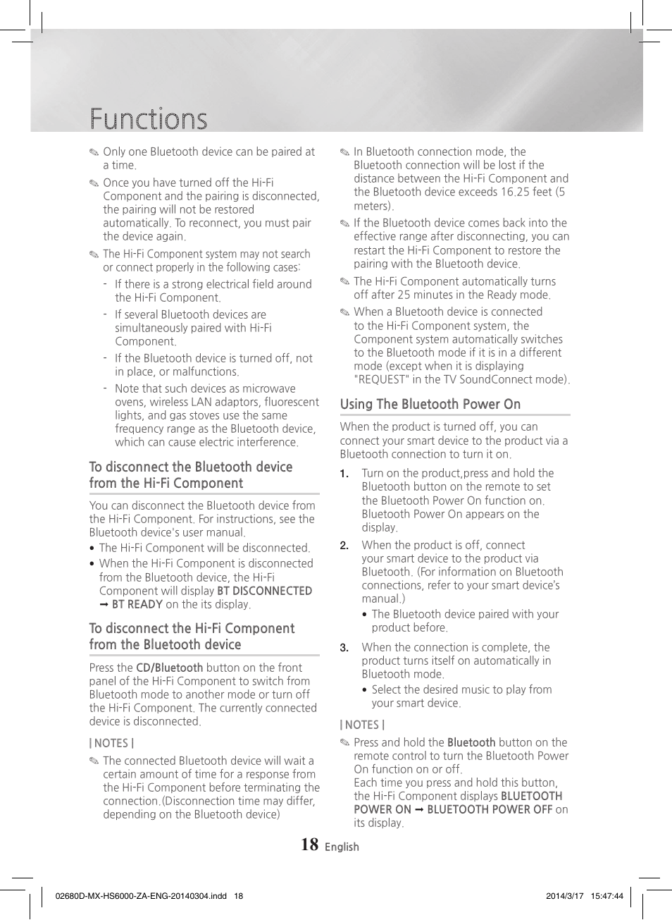 Using the bluetooth power on, Functions | Samsung MX-HS7000-ZA User Manual | Page 18 / 31