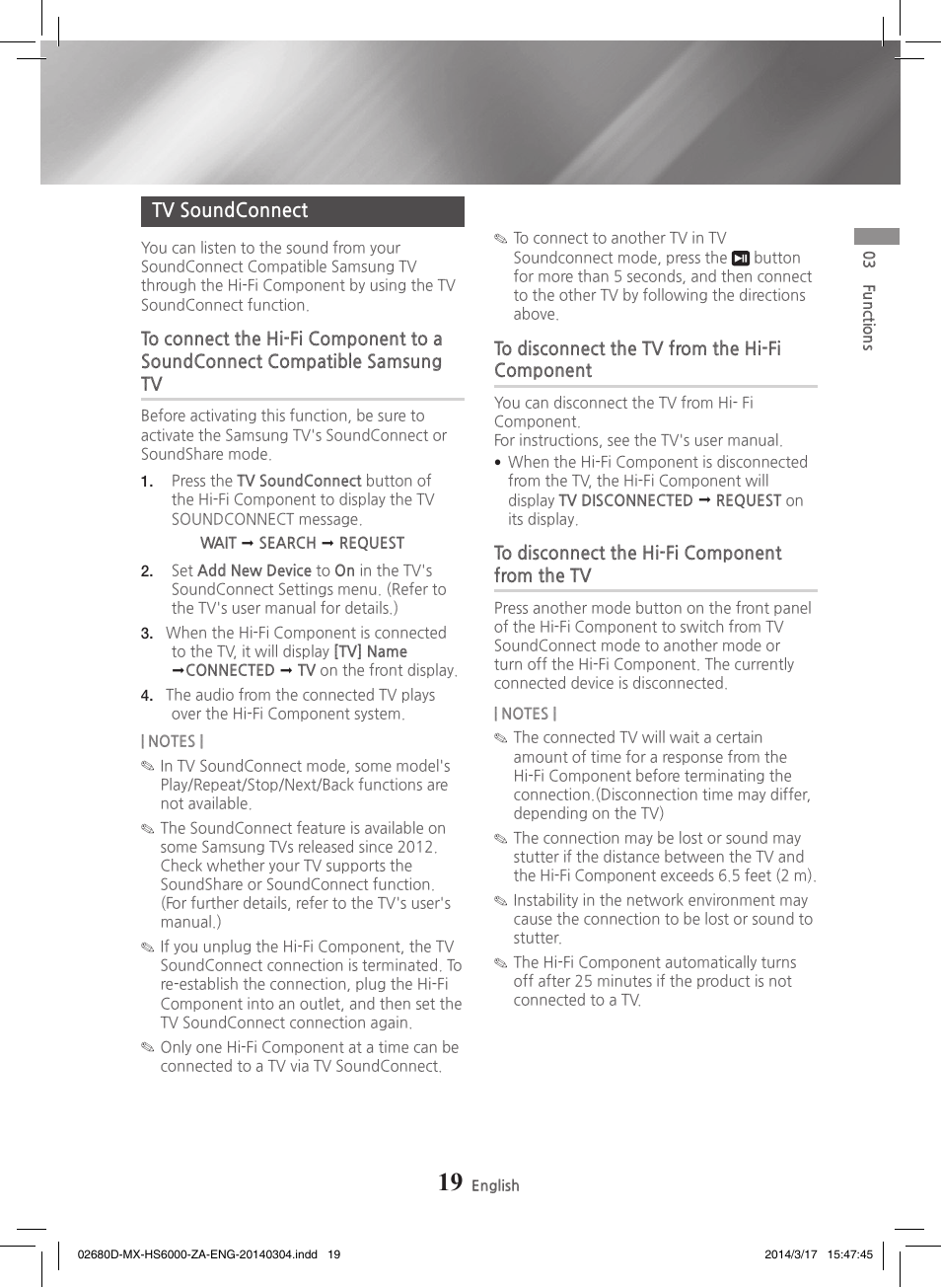 Tv soundconnect, To disconnect the tv from the hi-ficomponent, To disconnect the hi-fi componentfrom the tv | Samsung MX-HS7000-ZA User Manual | Page 19 / 31