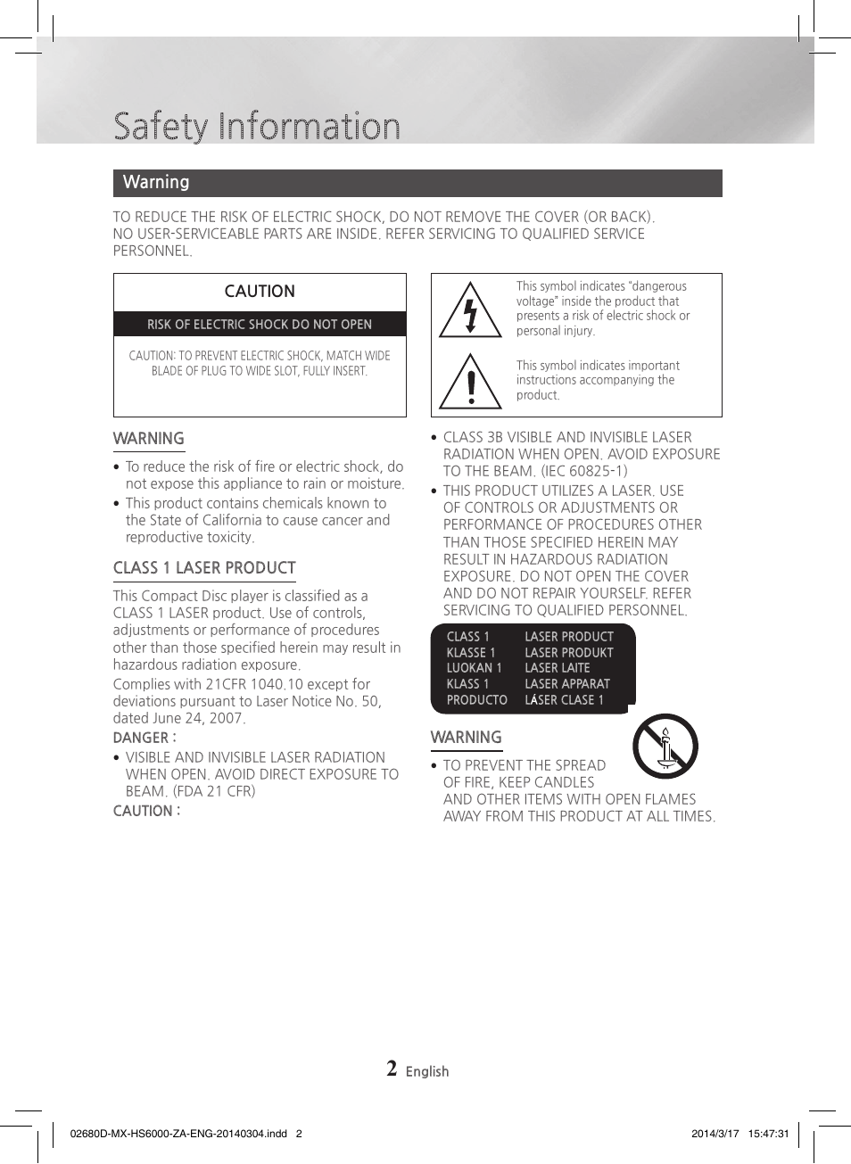 Safety information, Warning | Samsung MX-HS7000-ZA User Manual | Page 2 / 31
