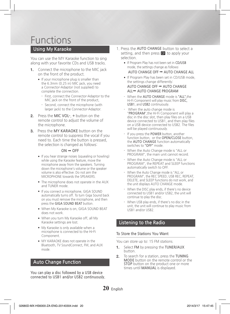 Using my karaoke, Auto change function, Listening to the radio | Functions | Samsung MX-HS7000-ZA User Manual | Page 20 / 31