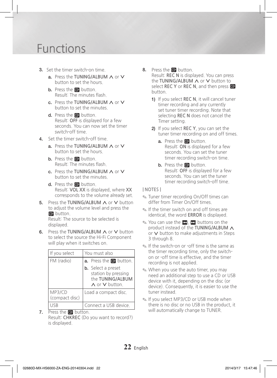 Functions | Samsung MX-HS7000-ZA User Manual | Page 22 / 31