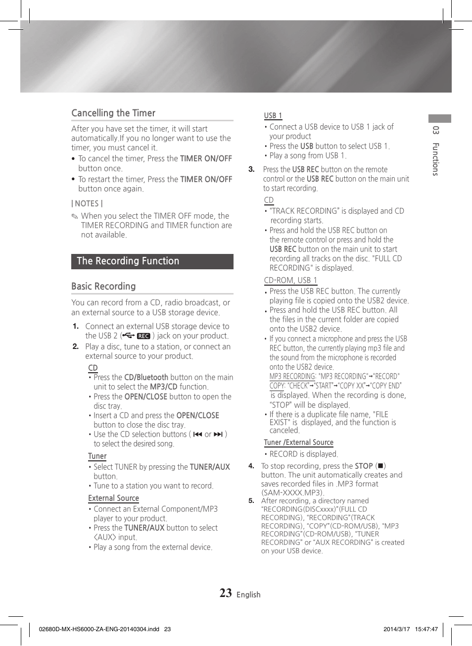 The recording function, Basic recording | Samsung MX-HS7000-ZA User Manual | Page 23 / 31