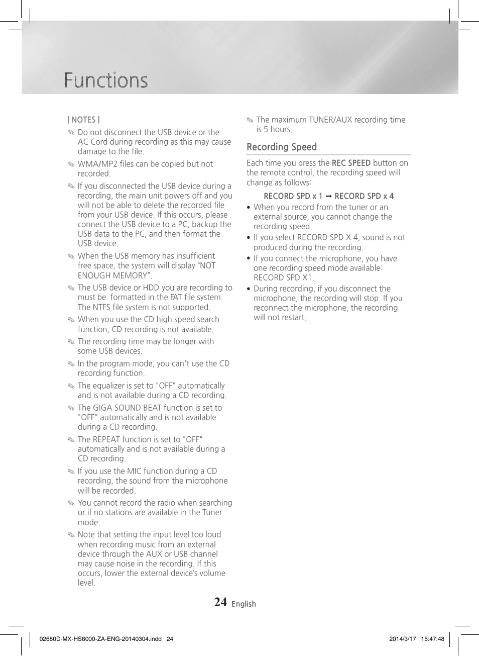 Recording speed, Functions | Samsung MX-HS7000-ZA User Manual | Page 24 / 31