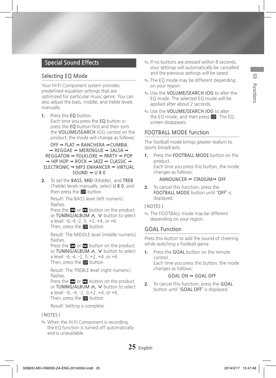 Special sound effect, Selecting eq mode, Football mode function | Goal function, Special sound effects | Samsung MX-HS7000-ZA User Manual | Page 25 / 31