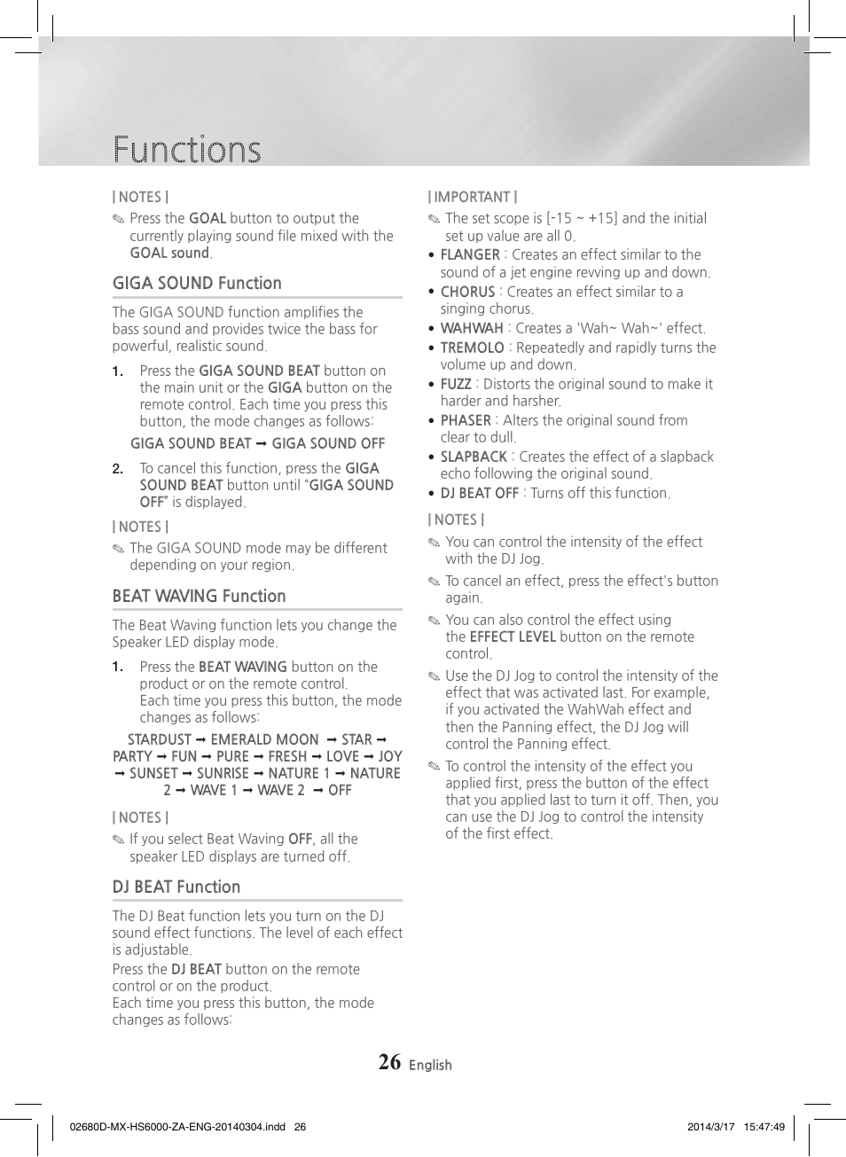 Giga sound function, Beat waving function, Dj beat function | Functions | Samsung MX-HS7000-ZA User Manual | Page 26 / 31