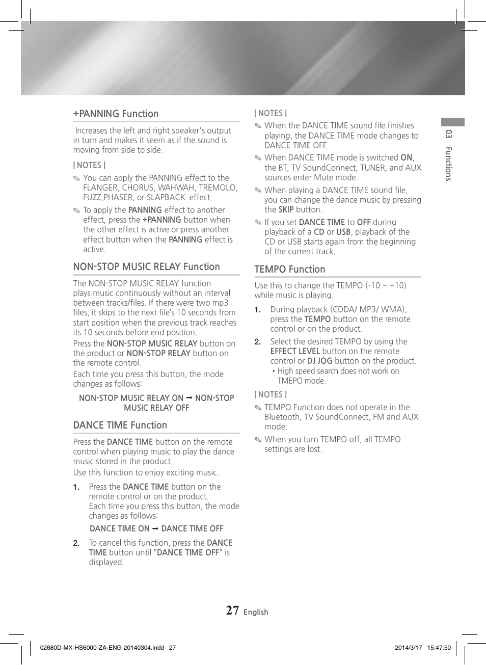 Panning function, Non-stop music relay function, Dance time function | Tempo function | Samsung MX-HS7000-ZA User Manual | Page 27 / 31