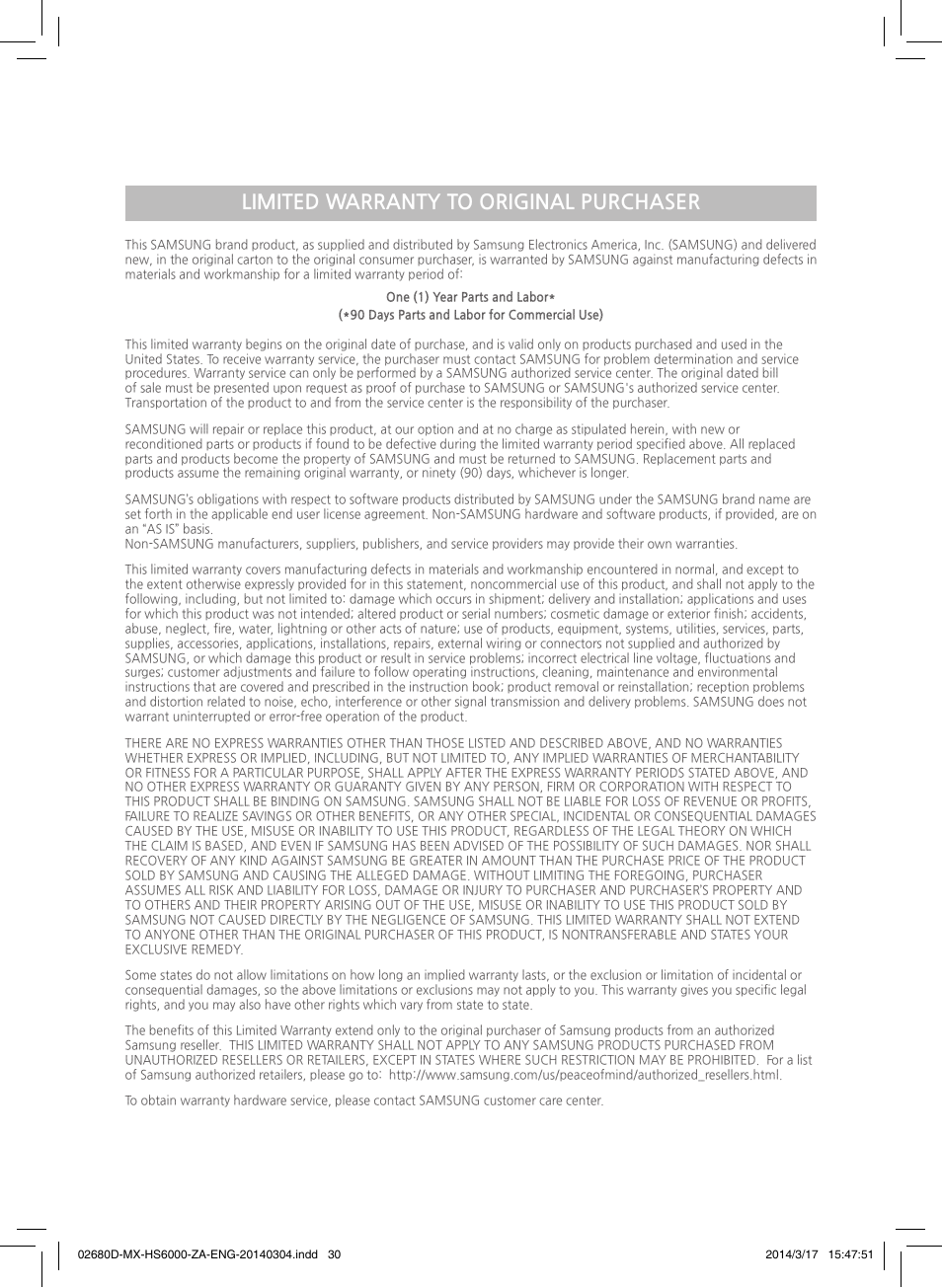Limited warranty to original purchaser | Samsung MX-HS7000-ZA User Manual | Page 30 / 31