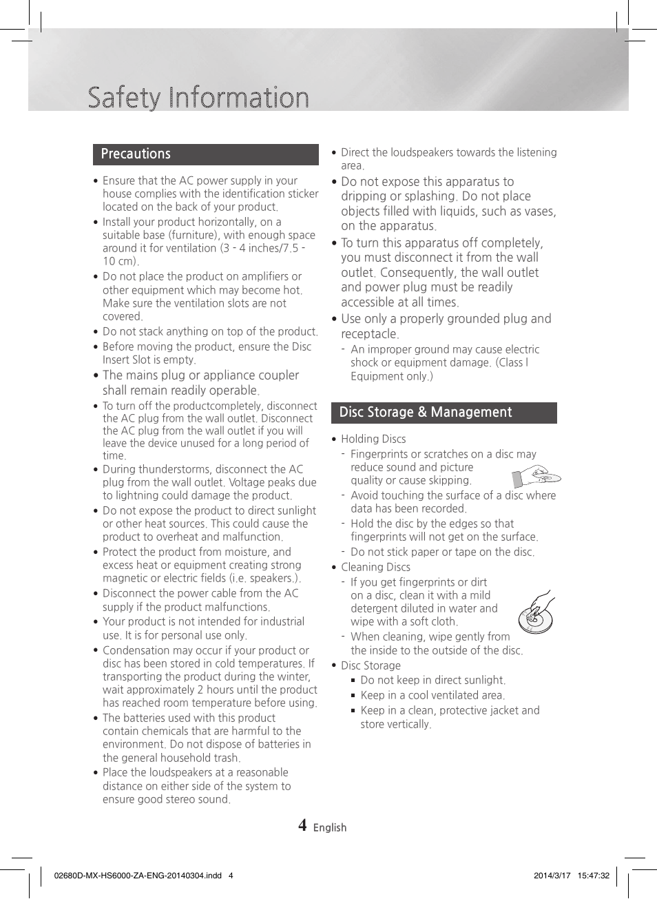 Precautions, Disc storage & management, Safety information | Samsung MX-HS7000-ZA User Manual | Page 4 / 31