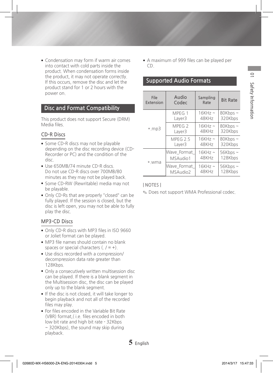 Disc and format compatibility, Supported audio formats | Samsung MX-HS7000-ZA User Manual | Page 5 / 31