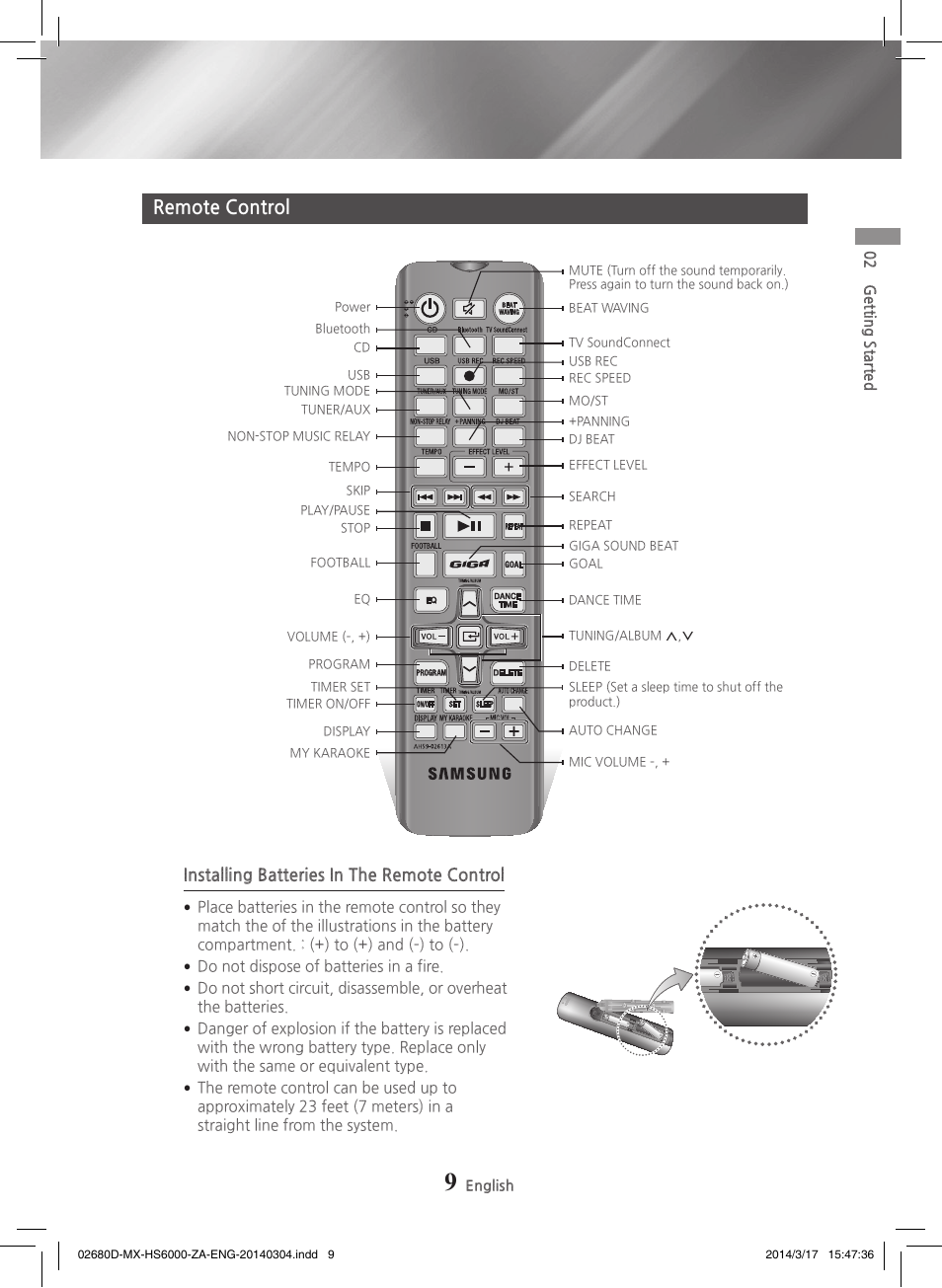 Remote control, Installing batteries in the remote control | Samsung MX-HS7000-ZA User Manual | Page 9 / 31