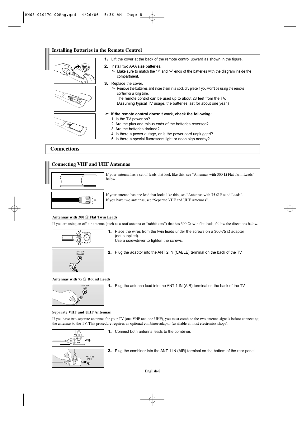 Installing batteries in the remote control, Connections, Connecting vhf and uhfantennas | Connecting vhf and uhf antennas | Samsung LNS5797DX-XAA User Manual | Page 10 / 302