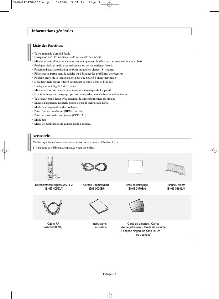 Informations générales | Samsung LNS5797DX-XAA User Manual | Page 105 / 302