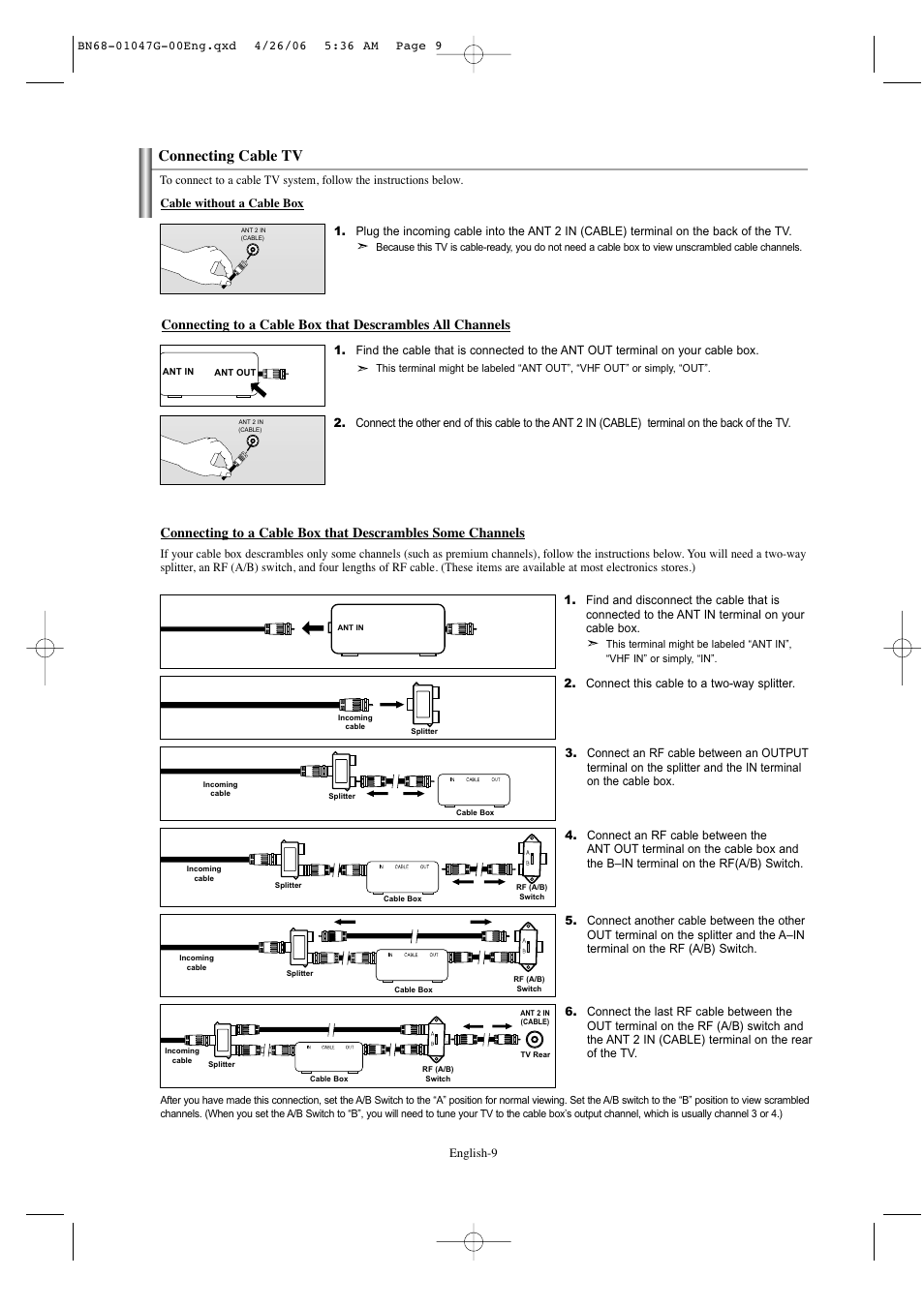 Connecting cable tv | Samsung LNS5797DX-XAA User Manual | Page 11 / 302