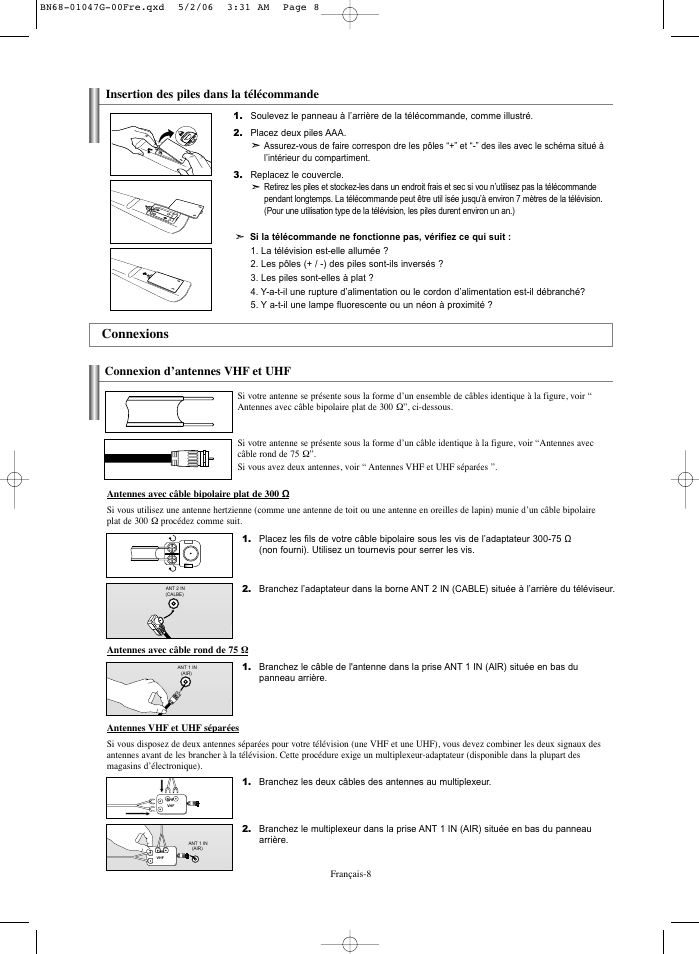 Connexions, Connexion d’antennes vhf et uhf, Insertion des piles dans la télécommande | Samsung LNS5797DX-XAA User Manual | Page 110 / 302