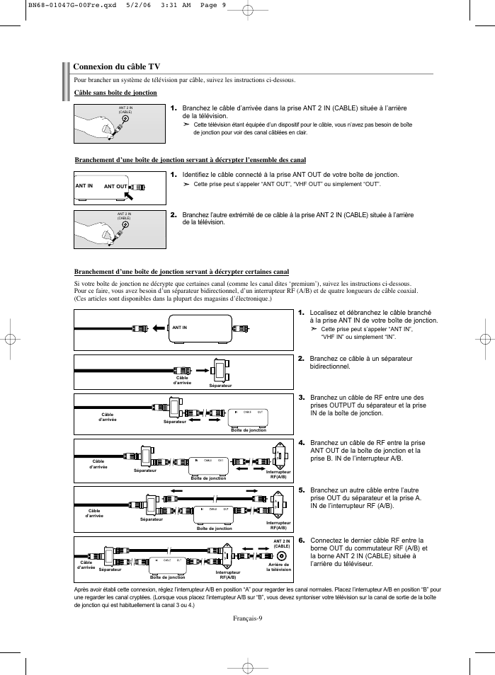 Connexion du câble tv | Samsung LNS5797DX-XAA User Manual | Page 111 / 302