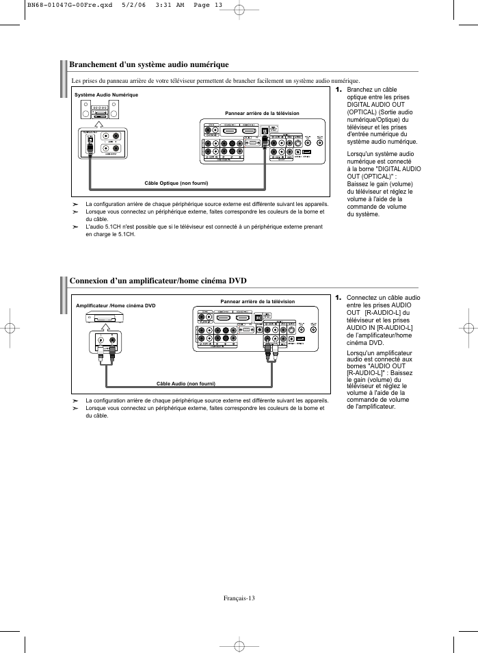 Branchement d'un système audio numérique, Connexion d’un amplificateur/home cinéma dvd | Samsung LNS5797DX-XAA User Manual | Page 115 / 302