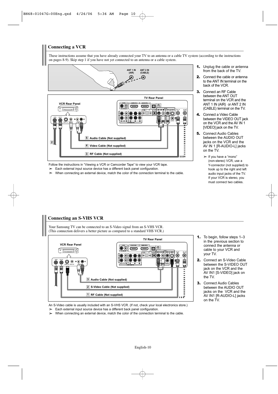 Connecting a vcr, Connecting an s-vhs vcr | Samsung LNS5797DX-XAA User Manual | Page 12 / 302