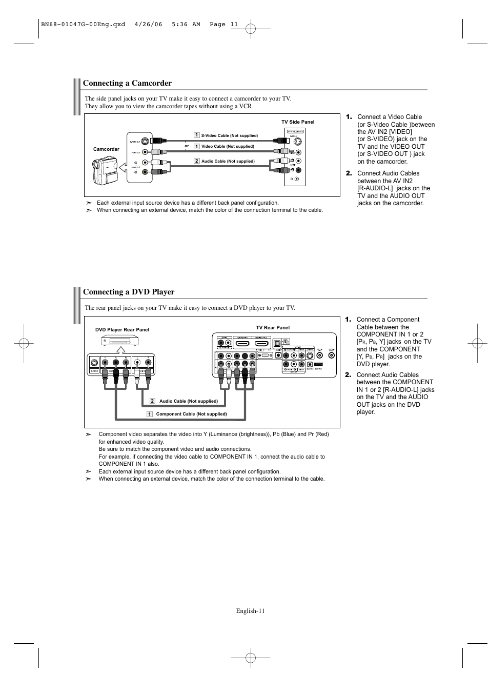 Connecting a camcorder, Connecting a dvd player | Samsung LNS5797DX-XAA User Manual | Page 13 / 302