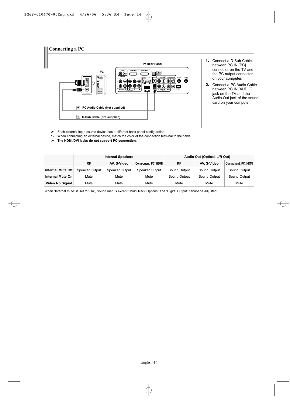 Connecting a pc | Samsung LNS5797DX-XAA User Manual | Page 16 / 302