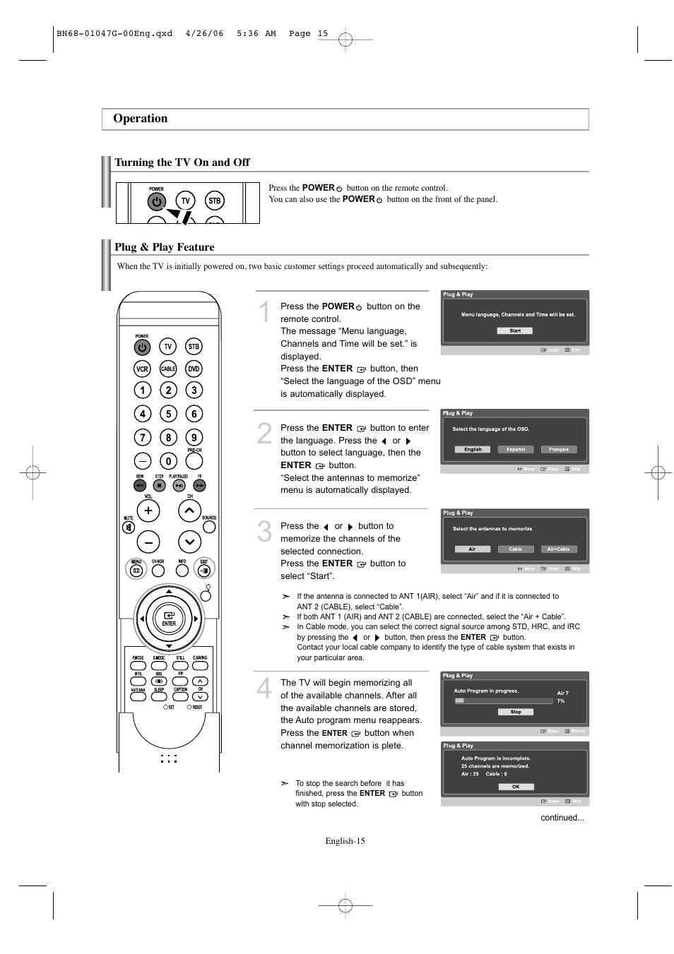 Operation, Turning the tv on and off, Plug & play feature | Samsung LNS5797DX-XAA User Manual | Page 17 / 302