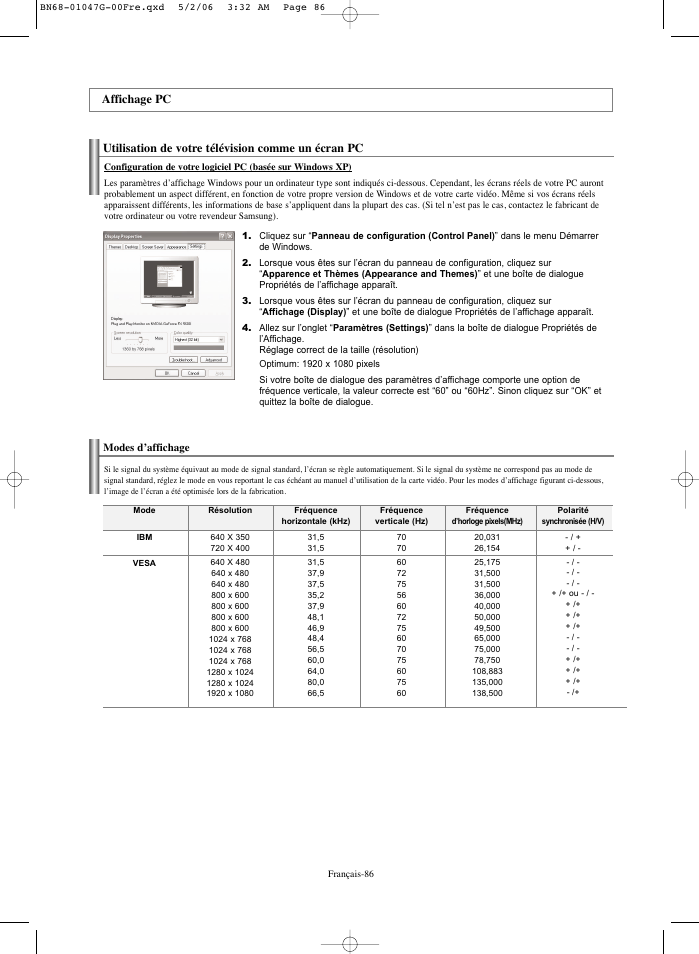 Utilisation de votre télévision comme un écran pc, Affichage pc | Samsung LNS5797DX-XAA User Manual | Page 188 / 302