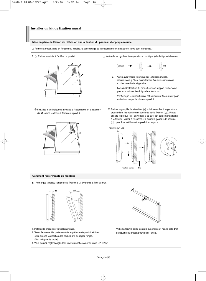 Installer un kit de fixation mural | Samsung LNS5797DX-XAA User Manual | Page 198 / 302