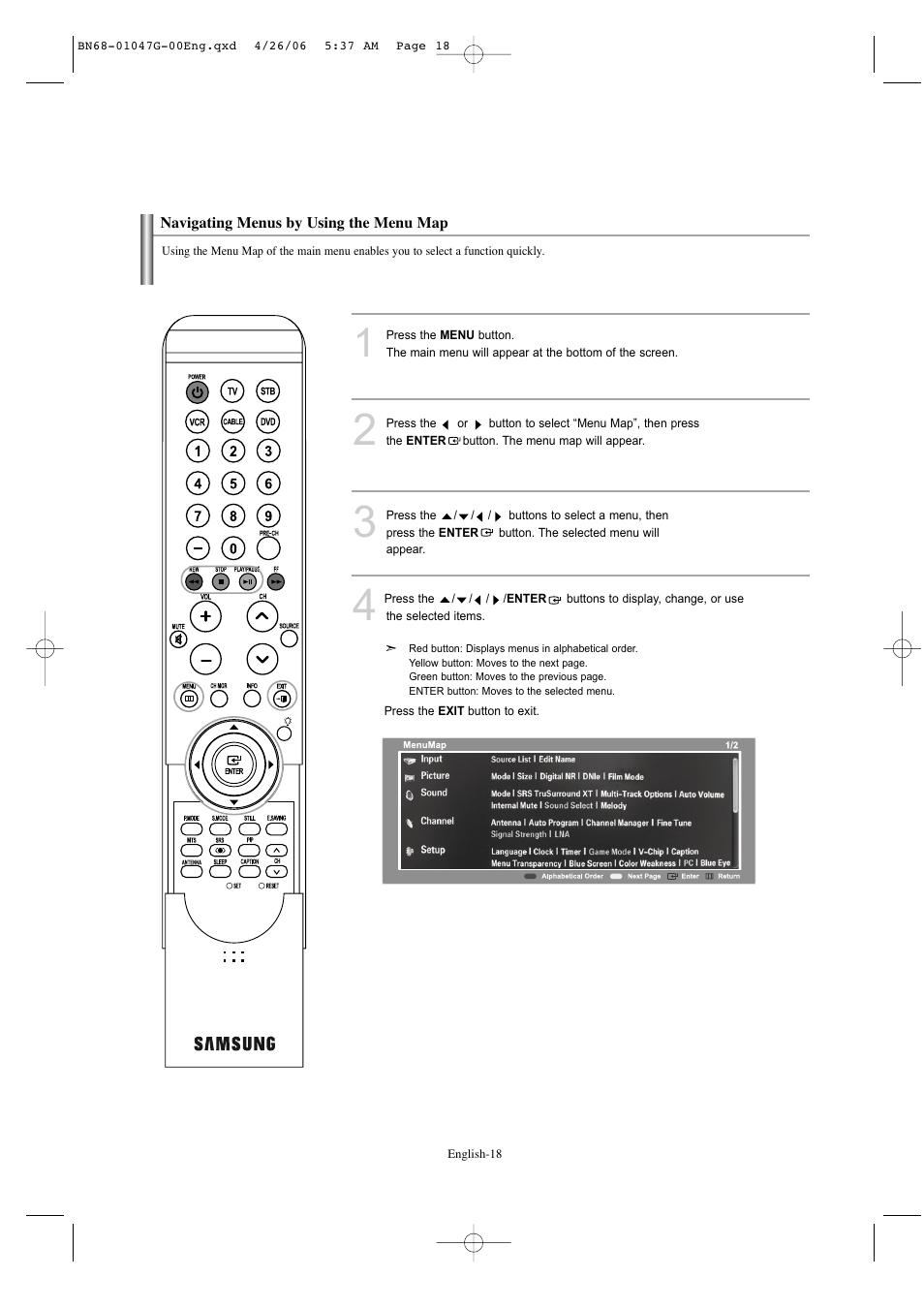 Navigating menus by using the menu map | Samsung LNS5797DX-XAA User Manual | Page 20 / 302