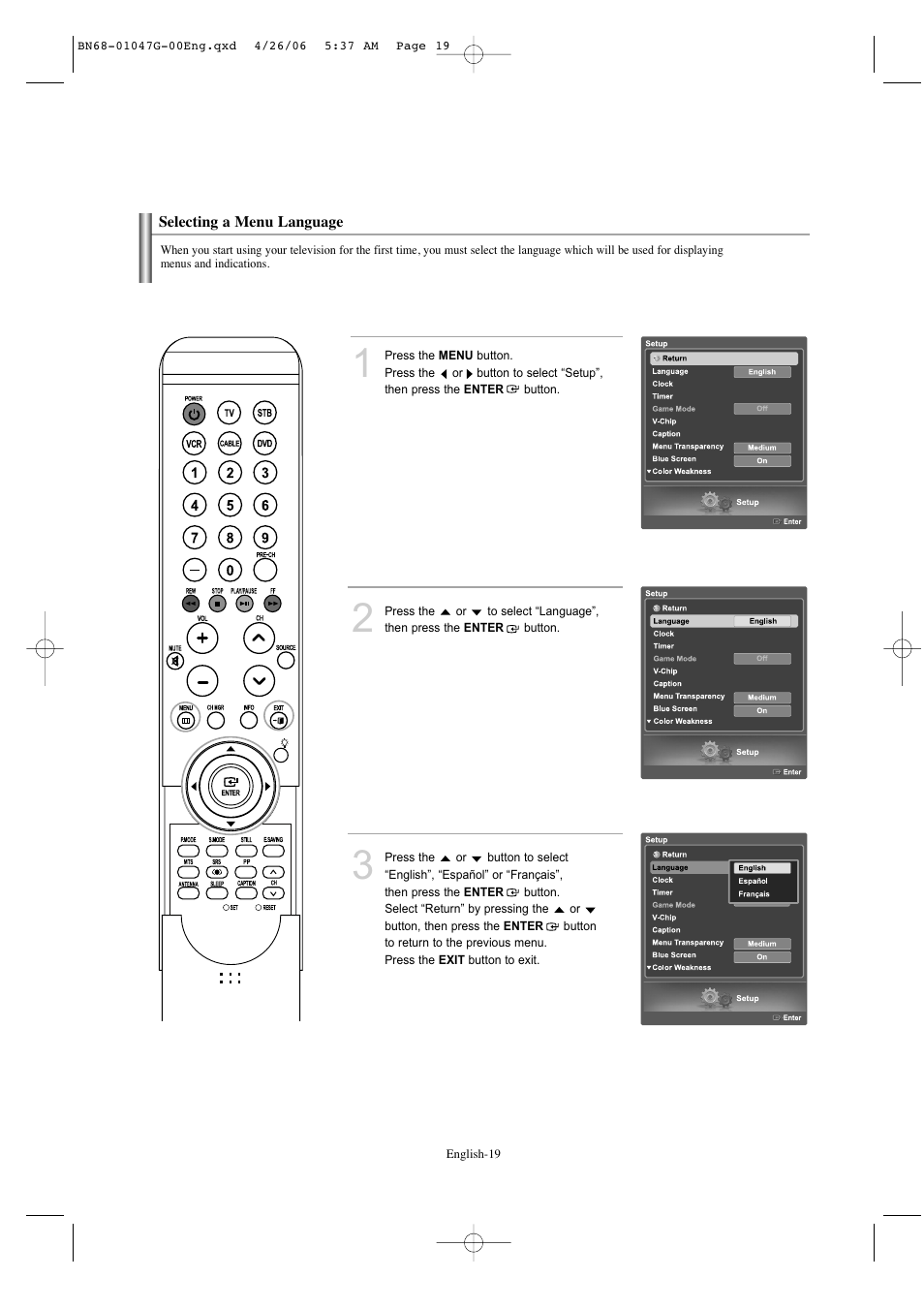 Selecting a menu language | Samsung LNS5797DX-XAA User Manual | Page 21 / 302