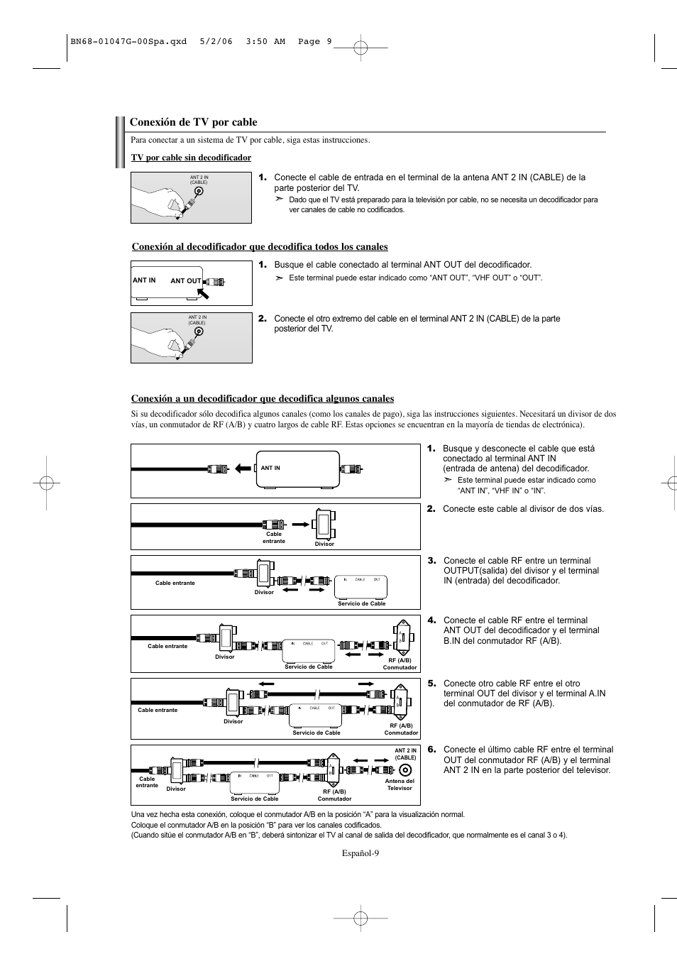 Conexión de tv por cable | Samsung LNS5797DX-XAA User Manual | Page 211 / 302