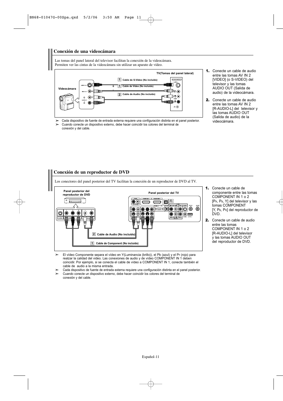 Conexión de una videocámara, Conexión de un reproductor de dvd | Samsung LNS5797DX-XAA User Manual | Page 213 / 302