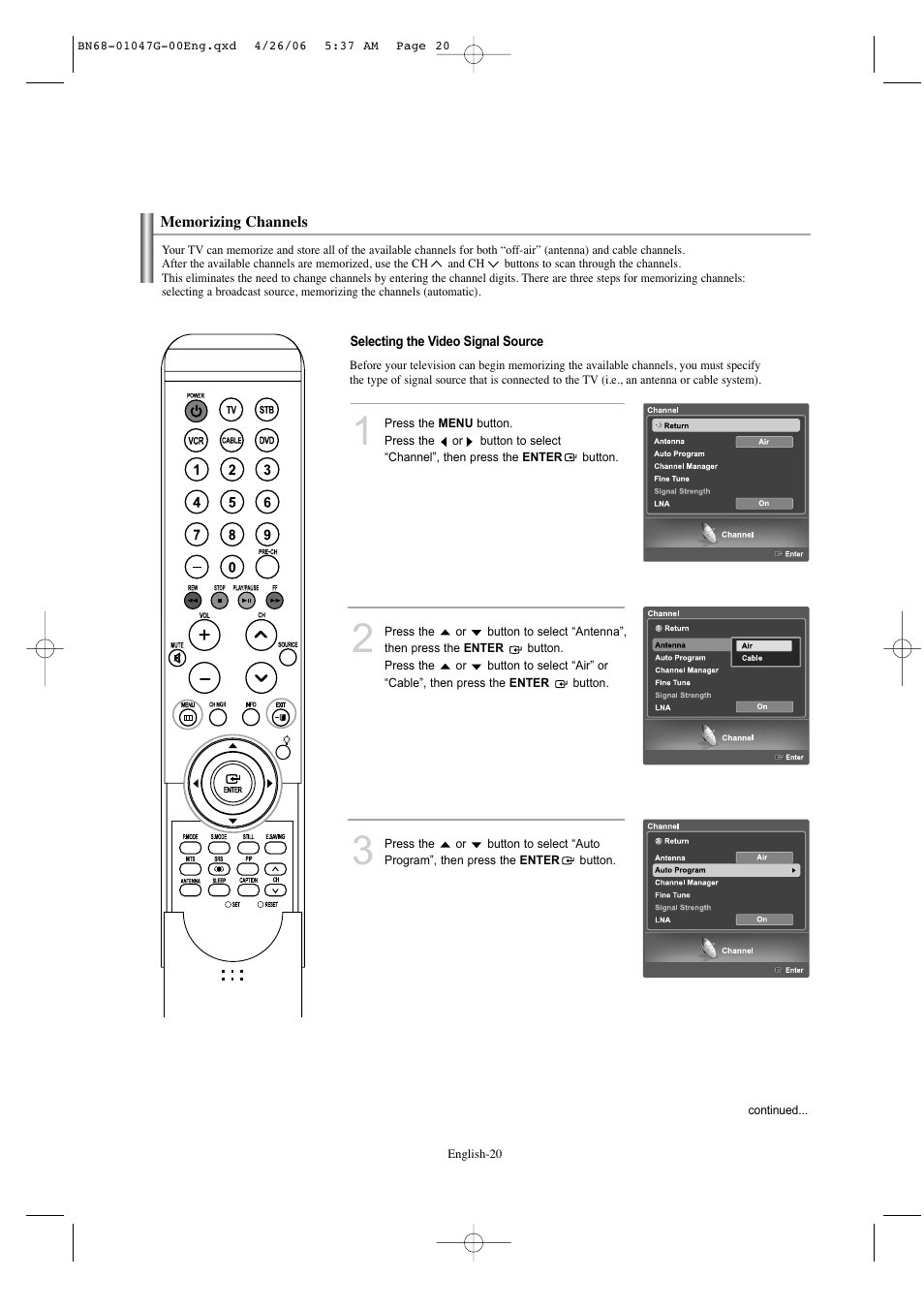 Memorizing channels | Samsung LNS5797DX-XAA User Manual | Page 22 / 302