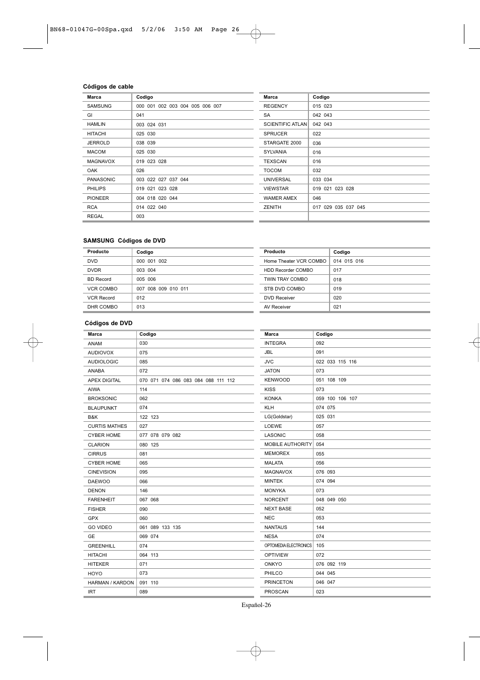 Español-26 | Samsung LNS5797DX-XAA User Manual | Page 228 / 302